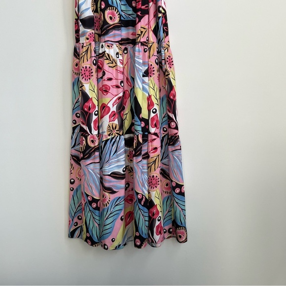 Hale Bob Elbise maxi Dress XS Tropical Floral Tiered Bow Button Down Colorful - Picture 14 of 15